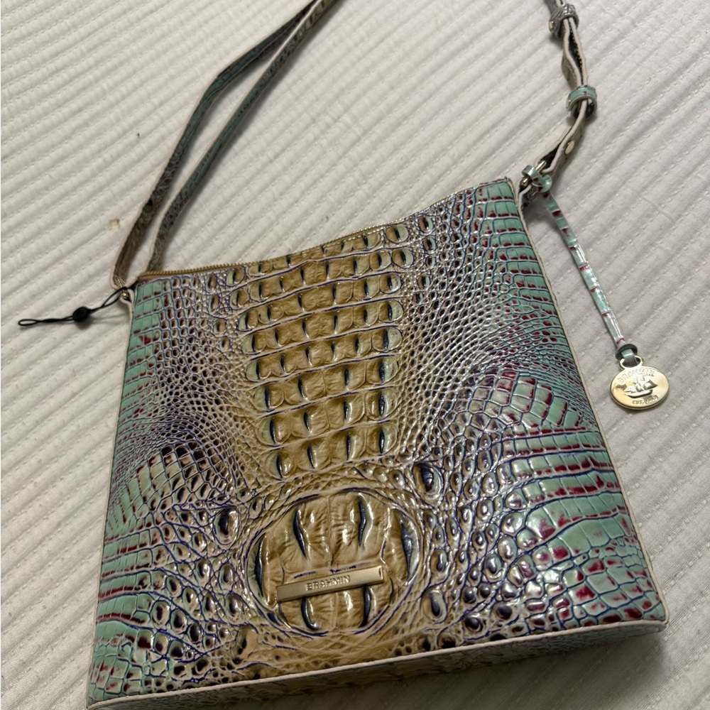 Brahmin Mint and Tan Crocodile Embossed Crossbody Bag